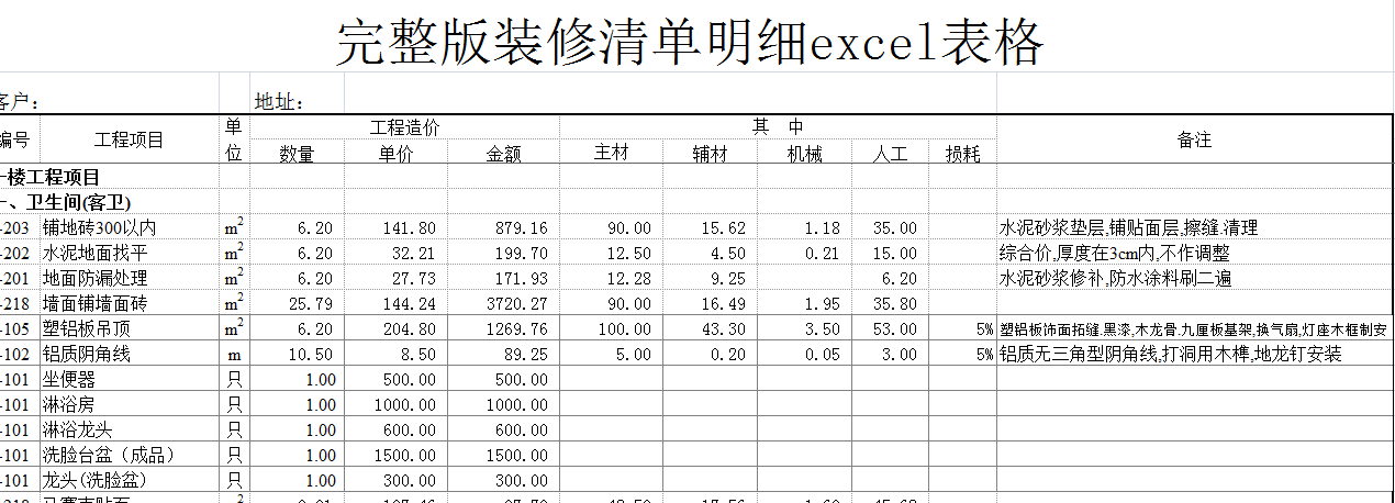 完整版裝修清單明細excel表格網盤免費分享,各費用一目了然! 完整版裝修清單明細excel表格網盤免費分享,各費用一目了然!